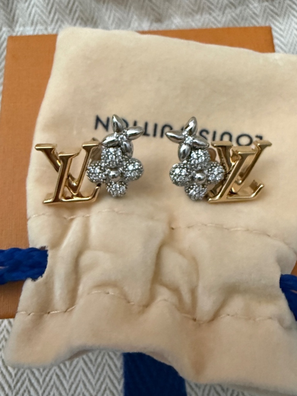 Authentic Louis Vuitton LV and Crystal Earrings MINT